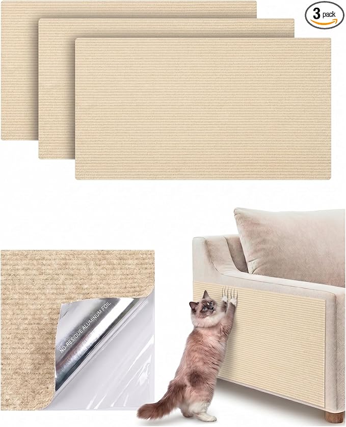Corner & Wall Cat Scratch Mat (Beige, 23.6''x11.8'', 3-Pack), Self-Adhesive Trimmable Cat Scratcher, Wall Mounted Scratching Pad for Indoor Cats, Sofa Furniture Protector, Cat Post Cover Replacement by Unknown
