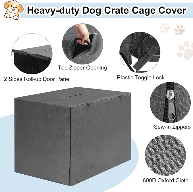 36 inches Dog Crate Cover with Card Pocket, Heavy Duty Polyester Windproof Pet Kennel Universal Fit for 1 or 2 Doors Standard Wire (Grey), - Image 2