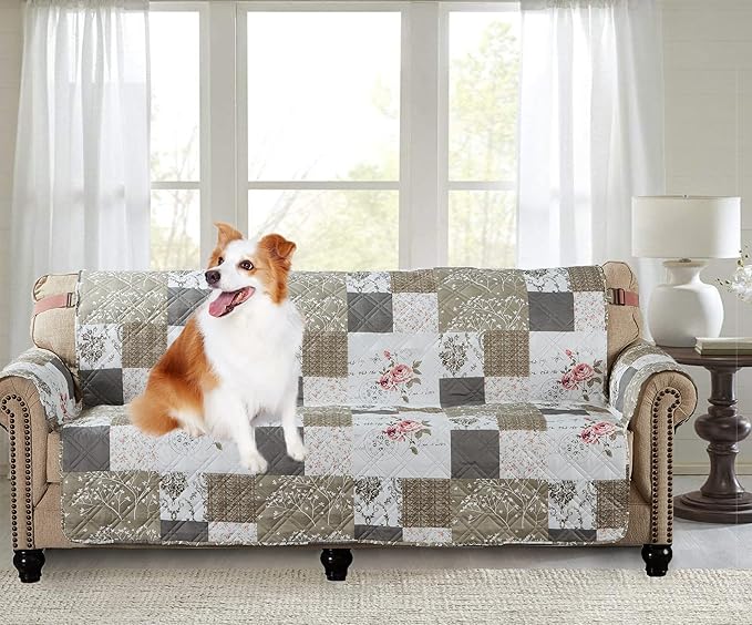 Brilliant Sunshine Pink Rose & Grey Toile Patchwork Couch Cover, 78" seat | Non Slip Sofa Cover, Living Room Quilted Furniture Protector, Extra Large Washable Slipcover for Pets, Dogs & Cats by BrilliantSunshine