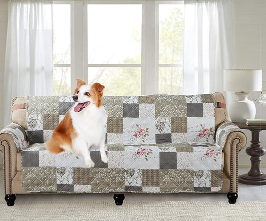 Brilliant Sunshine Pink Rose & Grey Toile Patchwork Couch Cover, 78" seat | Non Slip Sofa Cover, Living Room Quilted Furniture Protector, Extra Large Washable Slipcover for Pets, Dogs & Cats by BrilliantSunshine