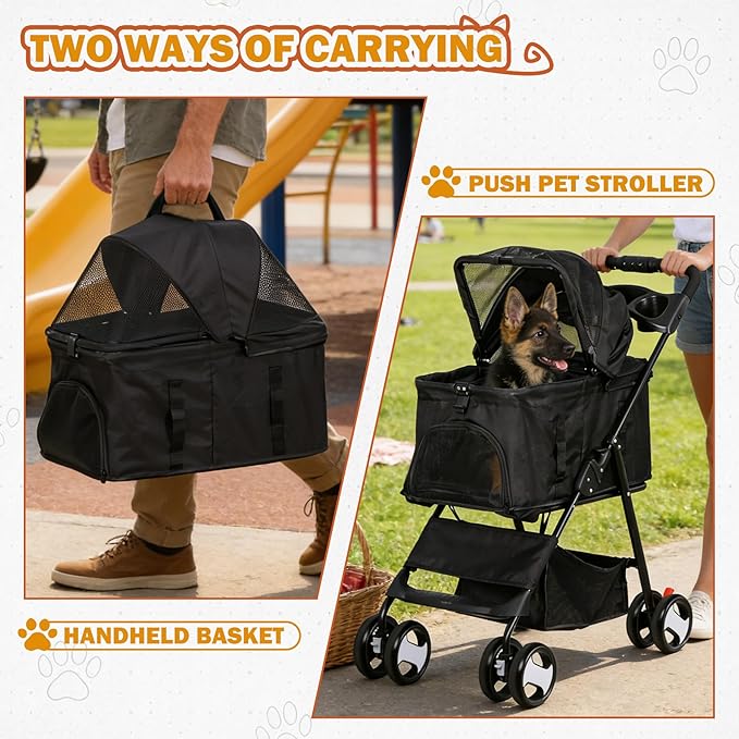ZENY Pet Stroller, 3 in1 Foldable Dog Cat Jogger Stroller with 4 Wheels, Detachable Basket and Cup Holder, Travel Folding Carrier for Small/Medium Pet (Black)