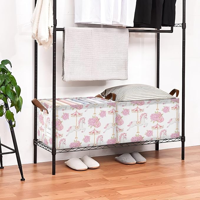 Cute Carousel Horse with Pink Flower Baby Storage Basket with Label&Handles Rectangular Waterproof Nursery Storage Bins Collapsible Shelf Organizer Baskets for Kids Books Cloth Gift Toys Laundry, 2 PC - Image 3