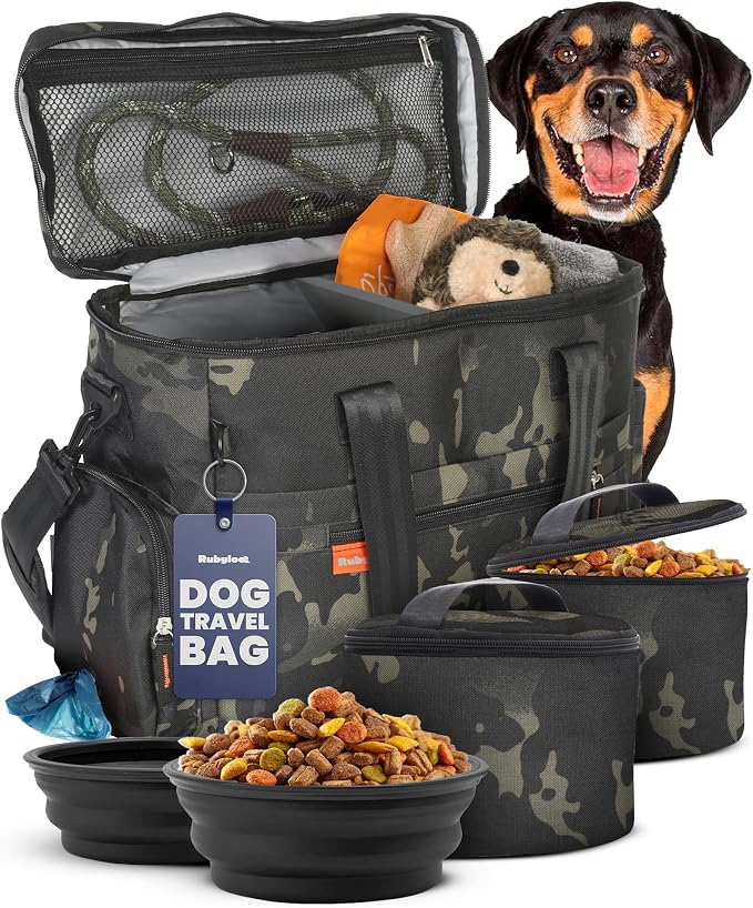 Rubyloo Original Doggy Bag™ Dog Travel Bag for Supplies with Travel Bowls | 2 BPA-Free Collapsible Bowls, 2 Pet Food Containers, TSA-Ready, Road Trips, Camping, Weekend Getaways, Doggy Gift, Camo by Rubyloo