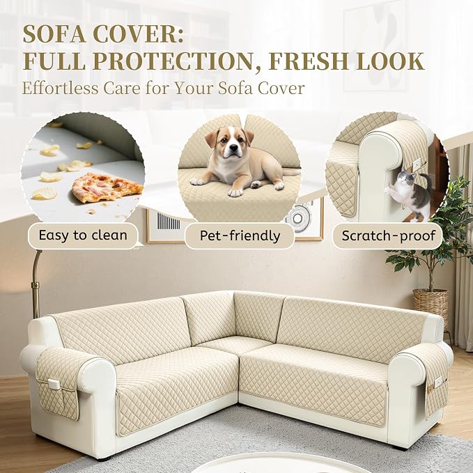 Sectional Couch Covers for Dogs 100% Waterproof Corner L Shaped Sofa Cover Pet Friendly Velvet Washable Anti Slip L Shape Modular Sofa Slipcover Protector with Pockets (Beige, XX-Large) - Image 4
