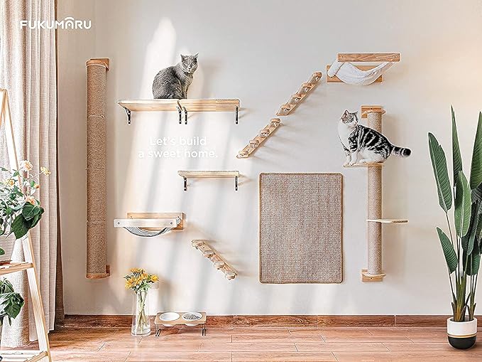 FUKUMARU Cat Activity Tree with Scratching Posts, Wall Mounted Jute Scratcher Pine Hammock | Solid Rubber Wood, Natural Jute Scratcher, Kitten Wall Furniture - Image 5
