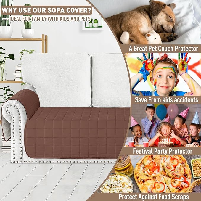 MAXIJIN Waterproof Loveseat Covers for Dogs Washable, Quilted Love Seat Couch Covers 2 Cushion Couch with Side Pockets, Non-Slip Furniture Protector for Pets Kids (Loveseat, Coffee) - Image 3