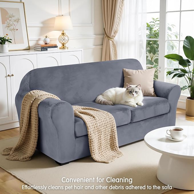 CHUN YI 3 Piece Velvet Couch Covers for 2 Cushion Couch, Water Resistant Loveseat Covers, Non Slip High Stretch Thick Furniture Protector for Dogs Pets, Medium, Grey - Image 7
