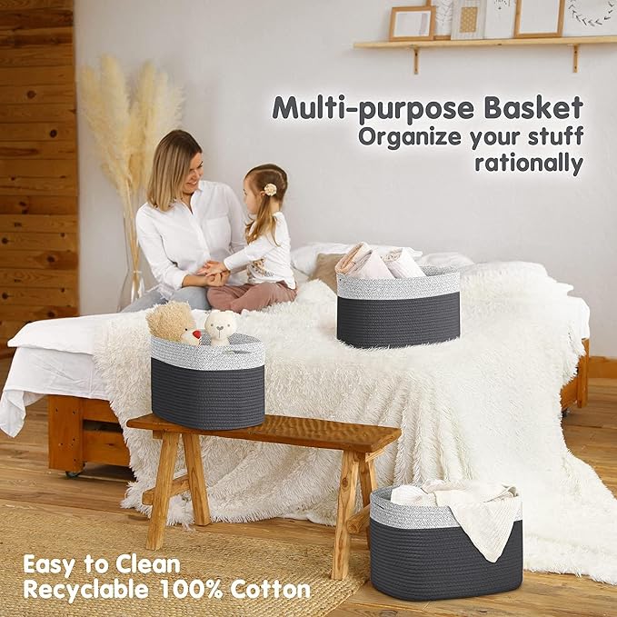 CHAT BLANC Cotton Rope Baskets for Organizing I Storage Baskets for Shelves | Rope Basket for Storage, Small Laundry Baskets, Woven Baskets for Storage, Dog Toy Bin, Baby Basket, Gray & Graphite 3Pack - Image 5