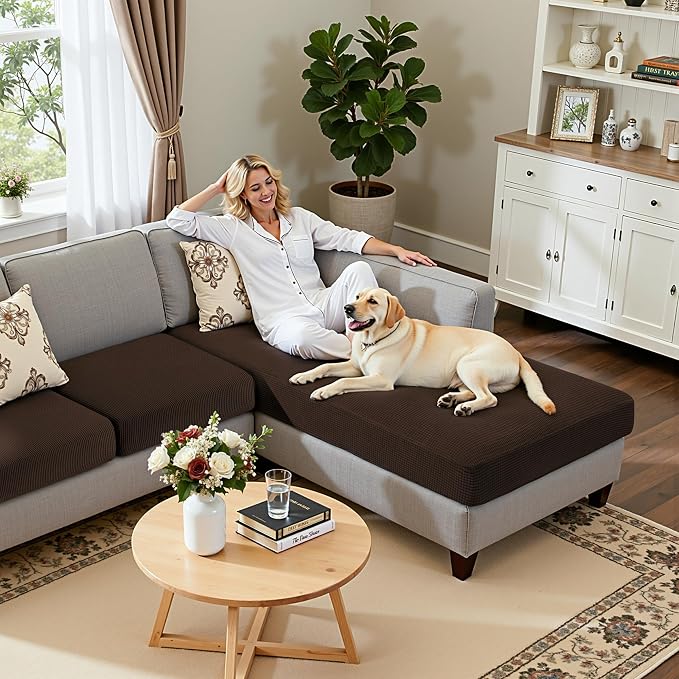 Hokway Chaise Cover and Couch Cushion Covers Set, Separate Sectional Sofa Cushion Slipcovers, Reversible Cushion Protector for L-Shaped Sofa(2 Pieces for Seater & 1 Piece for Chaise, Chocolate) - Image 6