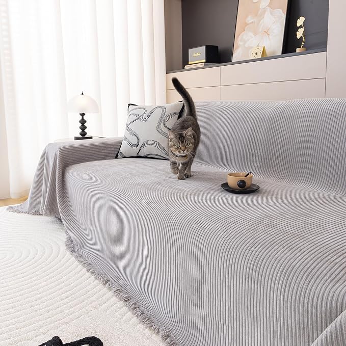 DREAMINGO Modern Minimalist Sofa Covers Washable Pet Furniture Protector Couch Cover for Dogs Cozy Chenille Couch Cover Blanket Stripe Textured Sectional Couch Slipcovers (XX-Large, Light Grey) - Image 2