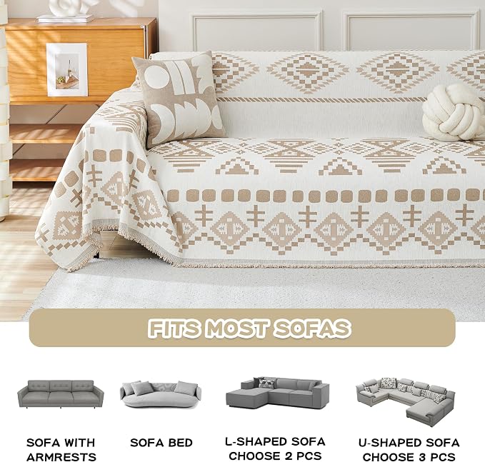 MEETSKY Boho Couch Cover Sofa Covers for Dogs，Decorative Soft Blend Washable Sofa Slipcovers Simply Put Sofa Throw Cover for Living Room, Khaki, 71" x 118" - Image 7
