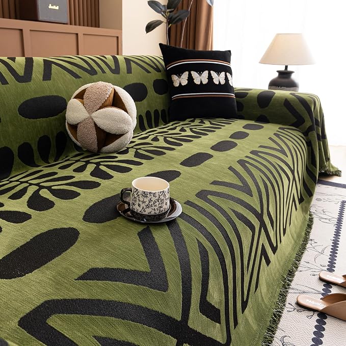 STACYPIK Black Geometric Couch Cover for Dogs Boho Dark Green Chenille Sectional Sofa Cover Non Slip Soft Tassles Couch Protector for 3 Cushion Couch Multi-Use Loveseat Throw Blanket for Pets-71X150IN - Image 9