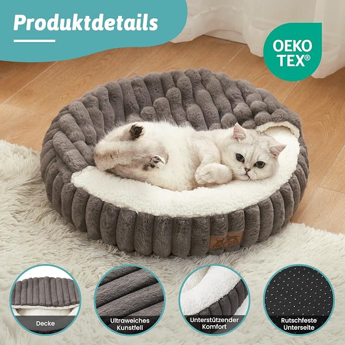 Cat Bed with Hooded Blanket, Round Fluffy Anti-Anxiety Pet Bed for Cats/Small Dogs, Cozy Donut Cuddler with Machine Washable Faux Fur & Anti-Slip Bottom(23"×23"×6",Grey) - Image 4