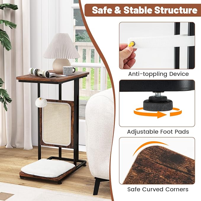 Giantex Cat Scratcher Side Table, C-Shaped End Table with Cat Scratching Board, Washable Cushion, Jingling Ball, Metal Frame, Couch Table Cat Tree Tower for Living Room Bedroom, Rustic Brown - Image 6
