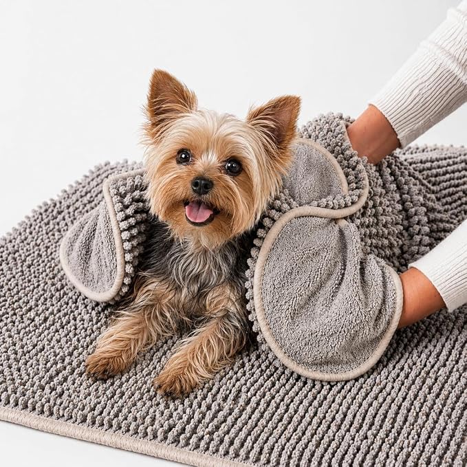 Pet 2-in-1 Dog Towel & Mat – Transforms from Drying to Bath Mat, Ultra Soft, Absorbent & Quick-Drying, Machine Washable Dog Towels with Detachable Non-Slip Mat and Hand Pockets (Small) by petuate