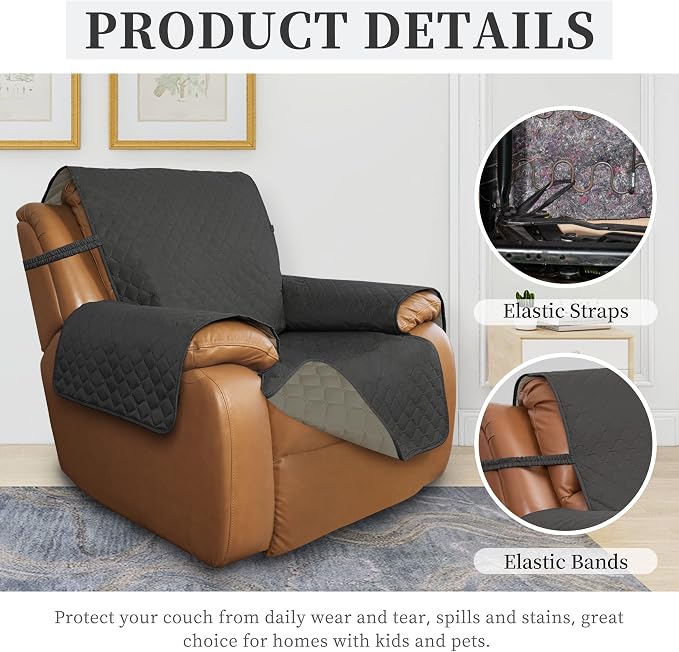 ISSUNTEX Double Protection 100% Waterproof Recliner Covers for Living Room, Reversible Furniture Protector Recliner Couch Sofa Slipcover for Dogs, Pets, Kids (Oversized Recliner, Dark Gray/Beige) - Image 5