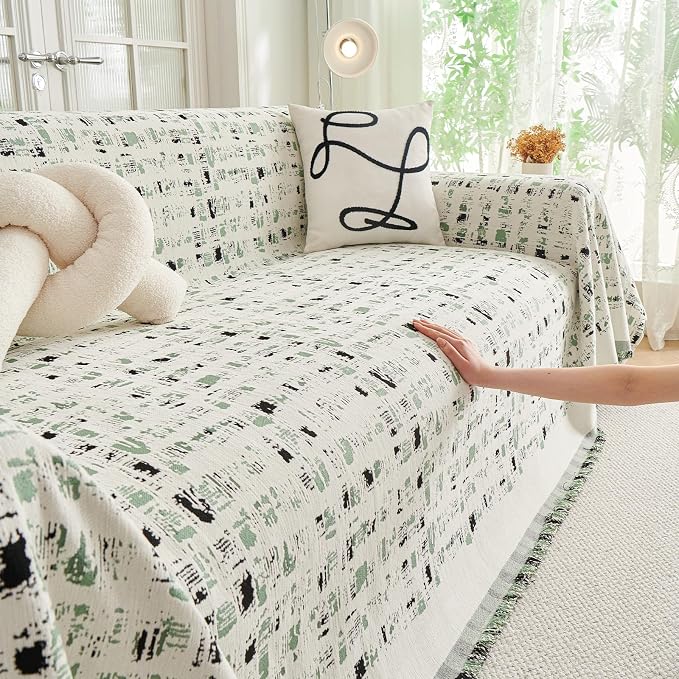 DREAMINGO Abstract Chenille Couch Cover Blanket Beige Green Black Boho Sofa Cover, Washable Furniture Protector, Universal Slipcover for Couch, Geometric Brushstroke Jacquard, XX-Large 71"x150" - Image 3