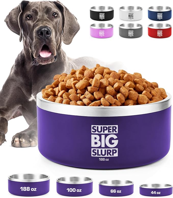 Tuff Pupper Heavy Duty Insulated Dog Bowl | Double Wall Stainless Steel Dog Food Dish | Non-Slip Spill Proof Dishwasher Safe Cat Bowl | Water Dish for Feeding Large Medium Small Pets (188oz, Purple) by TuffPupper