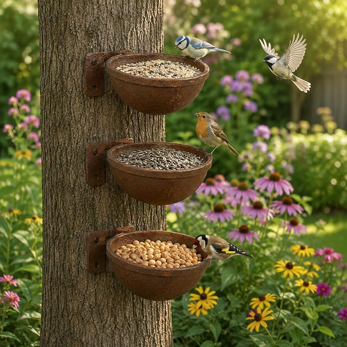 Rustic Wall Mounted Bird Feeder Bowls 3 Pack, Metal Bird Bath & Bird Seed Bowls for Wall, Fence or Tree, Vintage Outdoor Bird Water Feeder Set with Screws for Garden Decor - Image 7