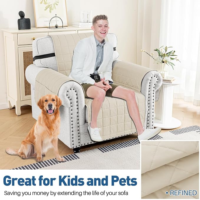 MAXIJIN Waterproof Chair Cover Slipcovers for Pets Dogs, 23.5" Quilted Armchair Sofa Cover Washable Dog Couch Covers Protector with Elastic Strap & Side Pocket (Chair, Beige New) - Image 2