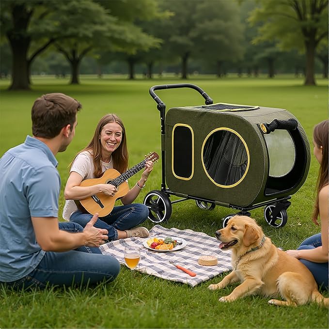 2025 Upgraded Dog Stroller for Large & Medium Dogs，Pet Stroller for 2 Small Dogs, Foldable Jogger Wagon with Detachable Carrier for Car Seat, Adjustable Handle, Up to 90 lbs, Green