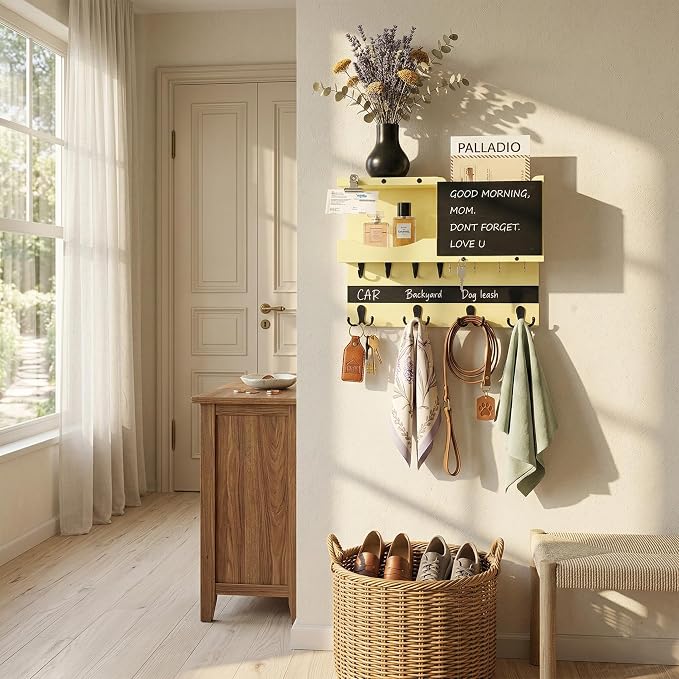 Key Holder for Wall Mount with Shelf and Mail Organizer, Key and Mail Holder with 16 Hooks, Farmhouse Entryway Organizer, Home Decor Rack(Pine Wood,Ivory Yellow) - Image 4