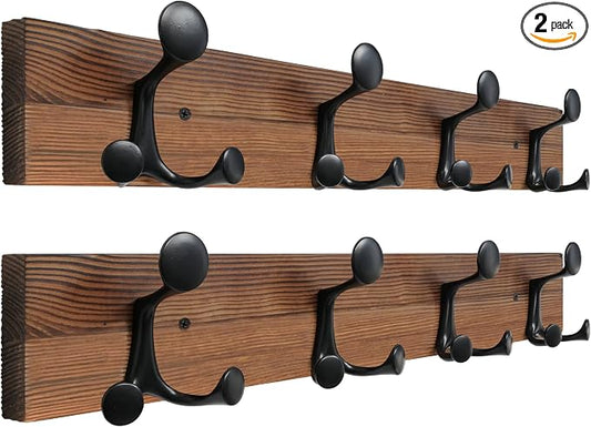 SKOLOO 24-Inch Wood Coat Rack Wall Mount with 4 Triple Hooks - Ideal for Family Entrances, Classrooms, and Pet Supplies Storage - Perfect Coat Hooks for Wall,Charred Golden Brown, Pack of 2 by SKOLOO
