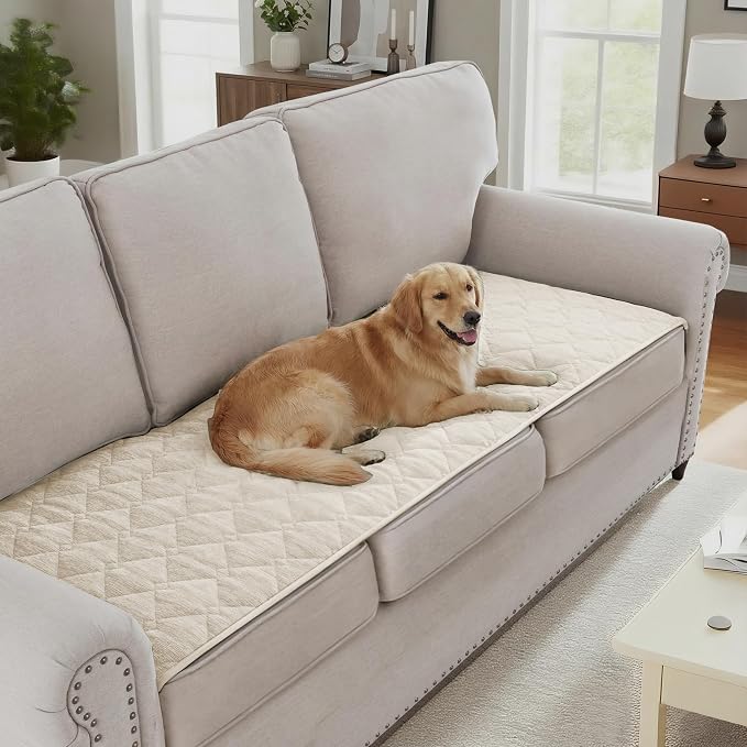 H.VERSAILTEX Couch Cover Chenille Pet Fuzzy Sofa Covers for 3 Cushion Couch Anti Slip Washable Sofa Slipcovers with Strap Soft Couch Protector Cover for Dogs Cats Kids(27.6" x 82", Ivory) by HVERSAILTEX