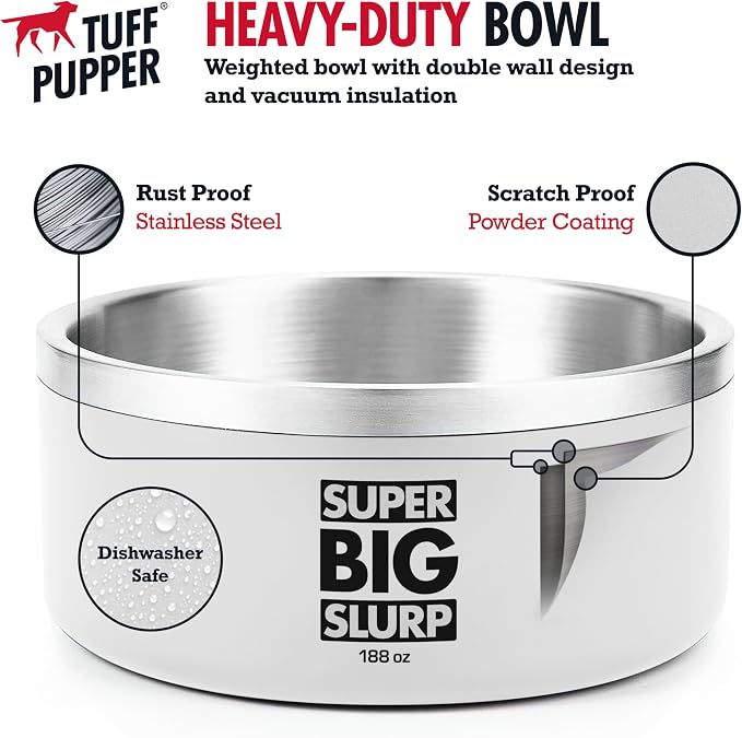 Tuff Pupper Heavy Duty Insulated Dog Bowl | Double Wall Stainless Steel Dog Food Dish | Non-Slip Spill Proof Dishwasher Safe Cat Bowl | Water Dish for Feeding Large Medium Small Pets (188oz, White) - Image 3