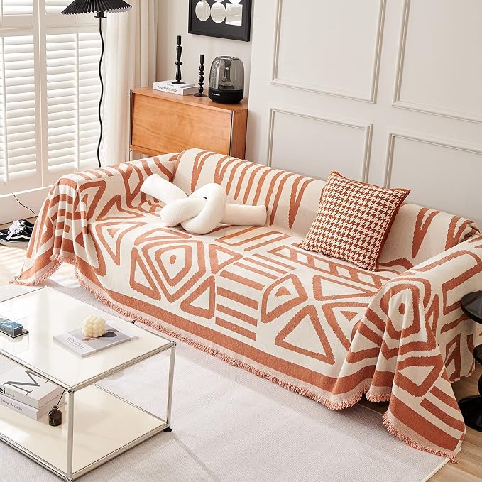 VClife Bohemian Sofa Covers for Dog, Washable Pet Slip Cover for Couch Sofa, Soft Cooling Chenille Couch Cover for 3 Cushion Couch Sofa Living Room Furniture Protector, Caramel-White, 71"X134" - Image 3