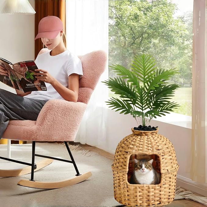 Cat Litter Box Enclosure Furniture with Artificial Plant - Handwoven Rattan Round Planter, Easy Clean, for Living Room, Bedroom, Corner, Natural Decor