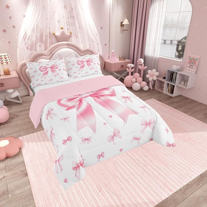 Manfei Pink Bow Bed Comforter Set Queen Size,Cute Bowknot Princess Super Soft Microfiber Bedding Set for Girls Boys,Aesthetic Ribbon Bow Tie Decorative Quilter Set 3 Pcs - Image 2