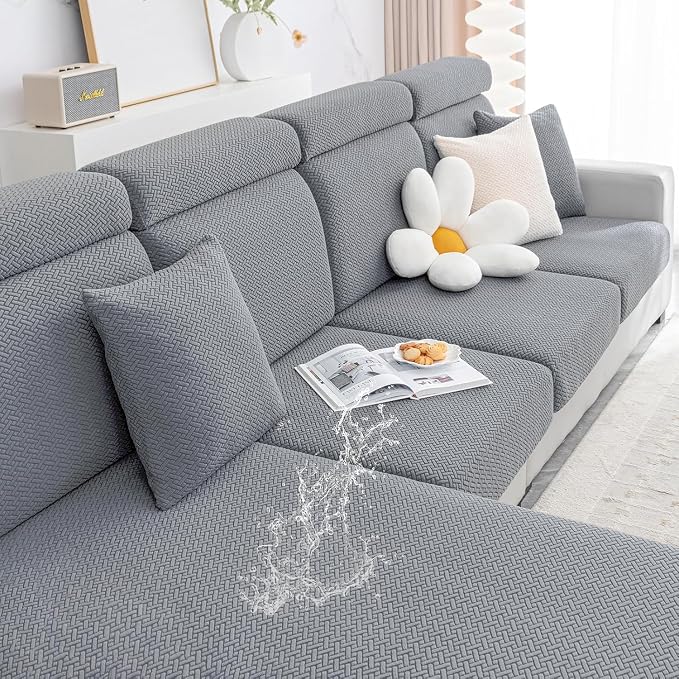 Smiry Waterproof Couch Cushion Covers, Non Slip Seat Cushion Covers | Stretch Jacquard Sectional Sofa Slipcover, Washable Elastic Furniture Protector for Pets, Kid, Large, Light Grey by Smiry