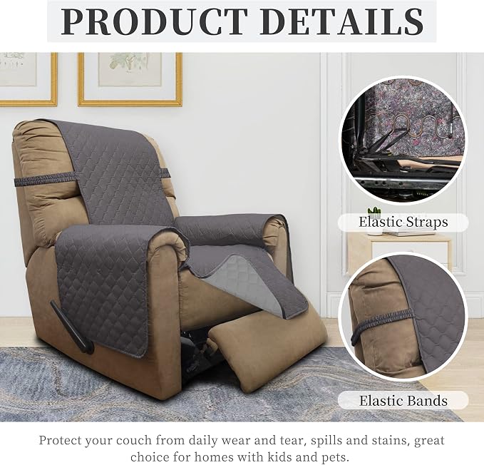 ISSUNTEX Double Protection 100% Waterproof Recliner Covers for Living Room, Reversible Furniture Protector Recliner Couch Sofa Slipcover for Dogs, Pets, Kids (Recliner, Gray/Light Gray) - Image 5