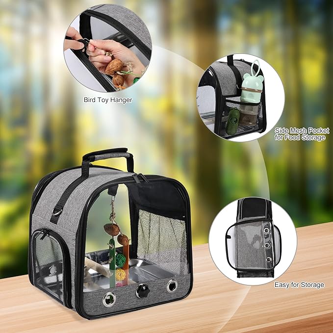 Small Bird Carrier Bag with Stand, Lightweight Backpack for Parrot, Portable Cockatiel Travel Cage with Bird Toy, Pet Transparent Breathable Carrier, Gray - Image 4