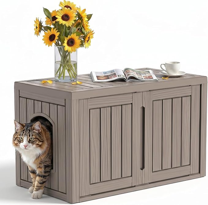 Cat Litter Box Enclosure,Multi-Functional Hidden Litter Box Furniture Cabinet with Adjustable Partition & Side End Table, Indoor Outdoor Cat House with Double Doors,Easy to Clean & Assemble, Gray by KFY