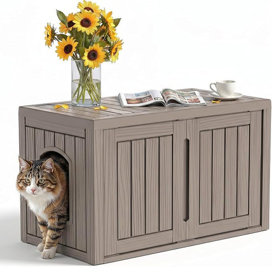 Cat Litter Box Enclosure,Multi-Functional Hidden Litter Box Furniture Cabinet with Adjustable Partition & Side End Table, Indoor Outdoor Cat House with Double Doors,Easy to Clean & Assemble, Gray by KFY