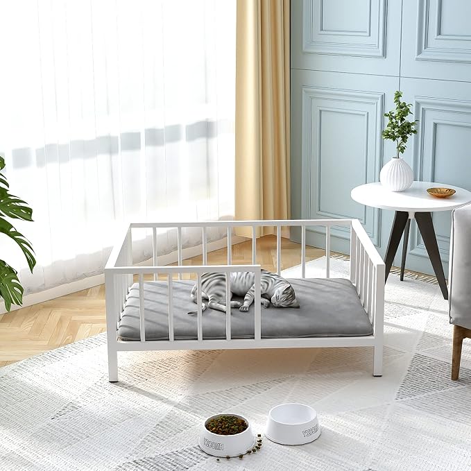 OSCHF Dog Bed with Rails - Elevated Pet Metal Bed Frame with Solid Wood Board and Washable Soft Mat for Medium Dog Indoor or Outdoor Use, 25.2" x 37.8", White - Image 4