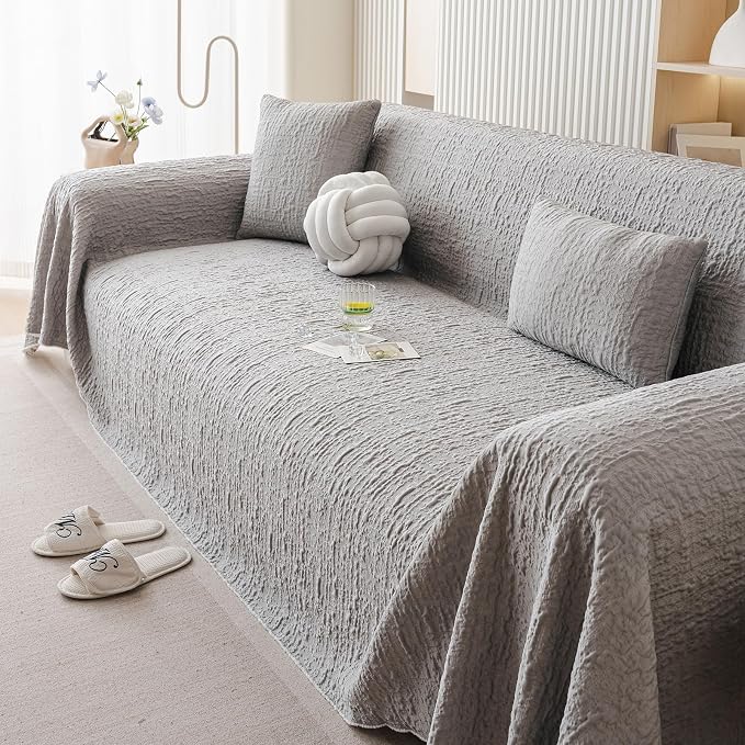 DREAMINGO Bubble Textured Cooling Sofa Cover, Ice Silk Breathable Couch Cover Blanket for Pet & Hot Sleepers, Washable Furniture Protector for 2 Cushion Couch, Ash Gray, Large 71"x118" - Image 7