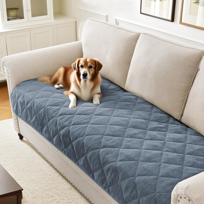 Couch Covers for Dogs Chenille Sofa Covers for 3 Cushion Washable Quilted Checkered Fuzzy Pet Couch Cover Soft Couch Protector Non-Slip Sofa Pads for Puppy Cat Kids(34.5" x 70", Stone Blue) by PrinceDeco