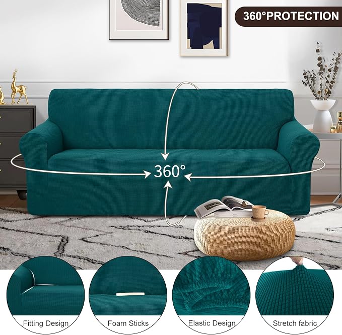 U-NICE HOME Stretch Couch Cover Slipcover for 3 Cushion Sofa, Blue | 1-Piece Sofa cover, Washable, Pet friendly, Furniture protector, Polyester Spandex Jacquard fabric - Image 3