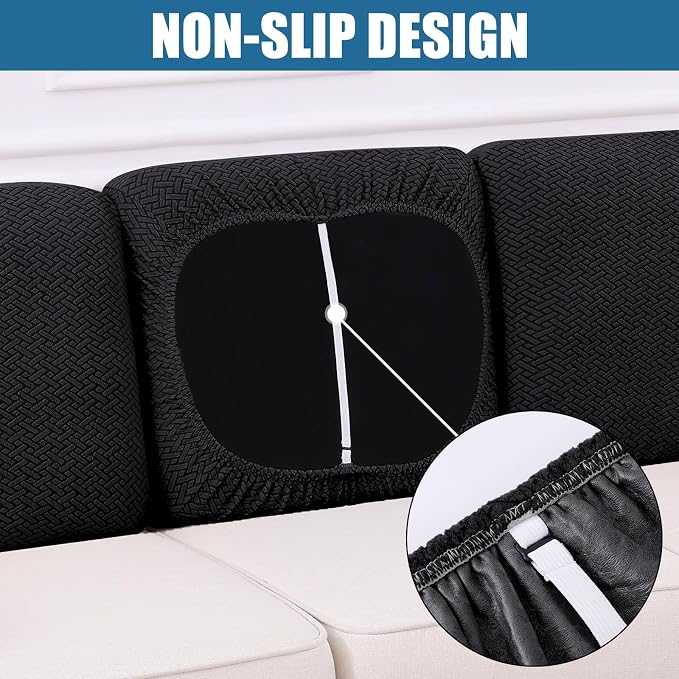 Smiry Waterproof Couch Cushion Covers, Non Slip Seat Cushion Covers | Stretch Jacquard Chaise Lounge Sofa Slipcover, Washable Elastic Furniture Protector for Pets, Back Cover L, Black - Image 3