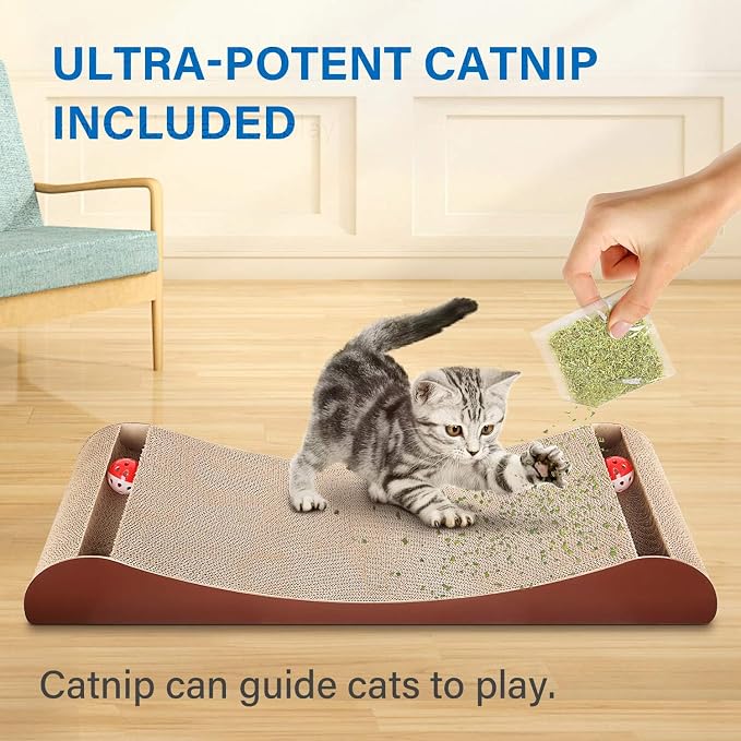 Simple Delxue Cat Scratcher Cardboard Lounge Bed with Bell Ball Toy, 30 Inches Large Horizontal Cat Scratcher Pad, 100% Recyclable & Reversible Durable Cardboard Scratching Board for Indoor Cats - Image 2