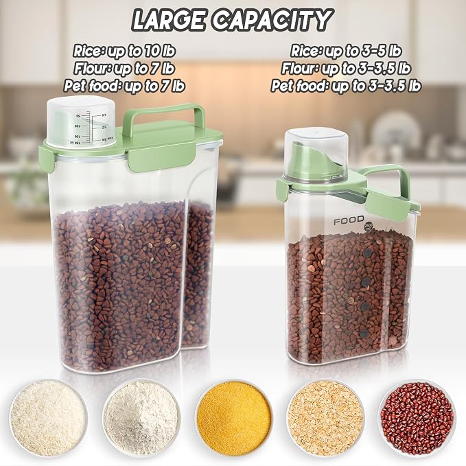 LEAWALK 5-7Lbs Dog Cat Food Storage Container with Upgraded Large Nozzle BPA-free, 4 Snap Seals Plastic Pet Food Storage Containers with Handles (Green x 2, (5L+3L) 2pack) - Image 4