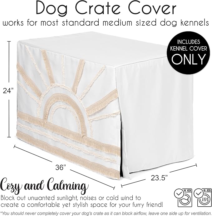 Sweet Jojo Designs 36in. Medium Dog Crate Cover (Boho Chic Sun) Pet Cage, Kennel Covers (Bohemian, Farmhouse, Southwestern, Elegant, Modern, Minimalist, Macrame, Tuft, Trim, Solid Ivory Cotton Fringe) - Image 5