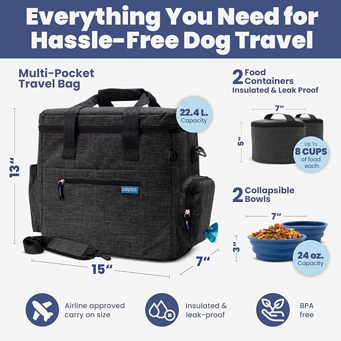 Rubyloo Original Doggy Bag™ Dog Travel Bag for Supplies with Travel Bowls | 2 BPA-Free Collapsible Bowls, 2 Pet Food Containers, TSA-Ready, Road Trips, Camping, Weekend Getaways, Doggy Gift, Charcoal - Image 3
