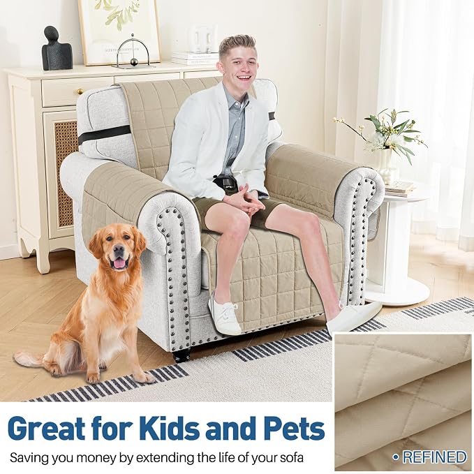 MAXIJIN Waterproof Chair Cover Slipcovers for Pets Dogs, 23.5" Quilted Armchair Sofa Cover Washable Dog Couch Covers Protector with Elastic Strap & Side Pocket (Chair, Khaki) - Image 2