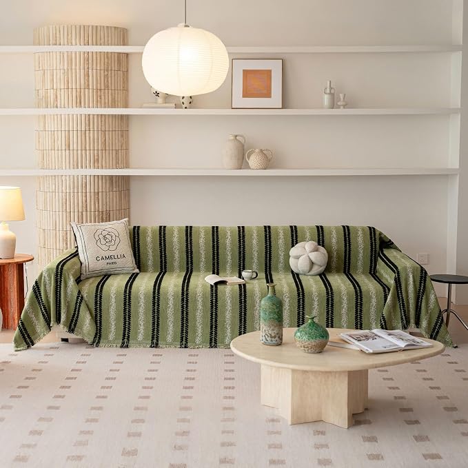 VClife Chenille Sofa Cover Bohemian Striped Pattern Couch Cover for Oversized Sofa - Sage Green Black Textured Sofa Slipcover Washable Furniture Protector for Couch Decorative Couch Cushion Cover by VCLIFE