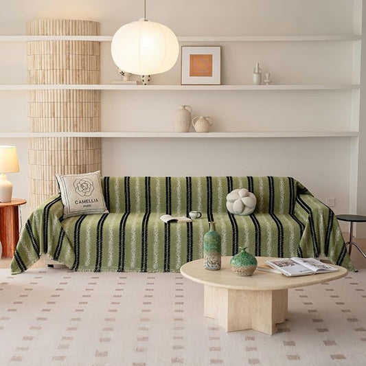 VClife Chenille Sofa Cover Bohemian Striped Pattern Couch Cover for 2 Cushion Sofa - Sage Green Black Textured Sofa Slipcover Washable Furniture Protector for Couch Decorative Couch Cushion Cover by VCLIFE