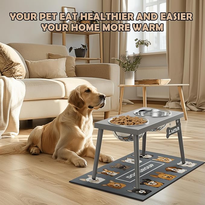 ADENGL Raised Dog Bowl Stand for Large Dogs, 10” Tall Elevated Feeder with Spill-Proof Mat, Stainless Steel 58OZ Bowls for Food & Water, Gray Color (Mat Size: 16x24”) - Image 6